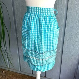 Vintage Gingham Blue White Half Apron Retro 50s Embroidery Border 2 Pockets